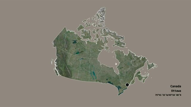 Alberta, province of Canada, with its capital, localized, outlined and zoomed with informative overlays on a satellite map in the Stereographic projection. Animation 3D