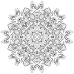 Big decorative mandala with floral, leaf and striped pattern on white isolated background. For coloring book pages.