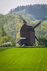 Blick auf eine gut erhaltene alte Bockwindmühle.
