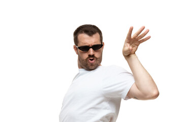 Salt bae. Young caucasian man with funny, unusual popular emotions and gestures isolated on white studio background. Human emotions, facial expression, sales, ad concept. Trendy look inspired by memes - obrazy, fototapety, plakaty