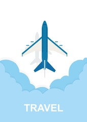 Vector vertical illustration of airplane flying in the clouds