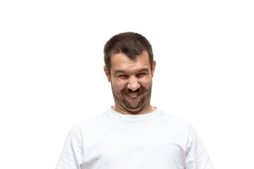 Know what I mean. Young man with funny, unusual popular emotions and gestures isolated on white...