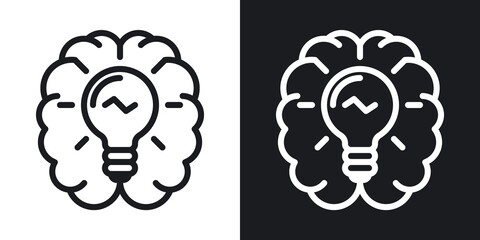 Inspiration or imagination icon. Human brain with a light bulb inside. Simple two-tone vector illustration on black and white background