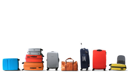 Large multicolored tourist suitcases stand in a row - 364961257