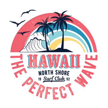 Fototapeta Vintage Hawaii theme text with palms, waves and birds vector illustrations. For t-shirt prints and other uses.