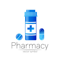 Pharmacy vector symbol with blue pill bottle and tablet for pharmacist, pharma store, doctor and medicine. Modern design vector logo on white background. Pharmaceutical icon logotype . Health