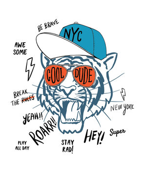 Hand drawn tiger illustration, with glasses, hat and hand drawn slogans. Vector graphics for t-shirt and other uses.