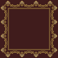 Classic vector square frame with arabesques and orient golden elements. Abstract ornament with place for text. Vintage pattern
