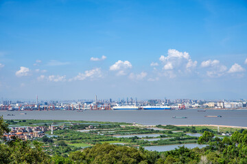 Lianhua Mountain, Panyu, Guangzhou, China overlooks Dongguan Xinsha Port