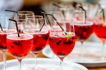 Glasses with alcoholic fruit cocktail with berries on a tray