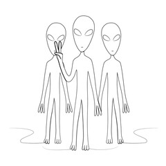 A group of aliens one of which shows the sign of peace. Isolated stock vector illustration.