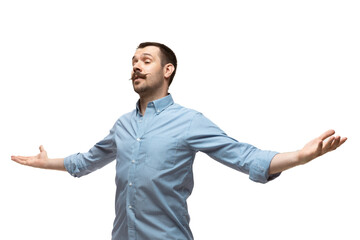 Like a god. Young caucasian man with funny, unusual popular emotions and gestures isolated on white studio background. Human emotions, facial expression, sales, ad concept. Trendy look inspired by