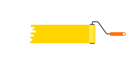 Paint roller yellow brush trace on white wall, vector isolated illustration