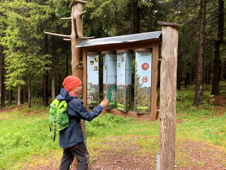 Ein Mädchen dreht an einer Schautafel im Wald im Thüringer Wald am 06.06. 2020.