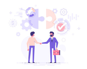 Two business partners are shaking hands. The investor investing money to idea and startup. Partnership and deal concept. Modern vector illustration.