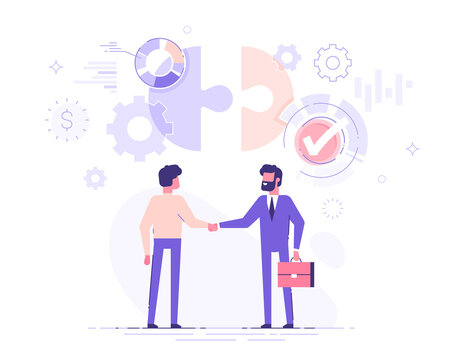 Two Business Partners Are Shaking Hands. The Investor Investing Money To Idea And Startup. Partnership And Deal Concept. Modern Vector Illustration.