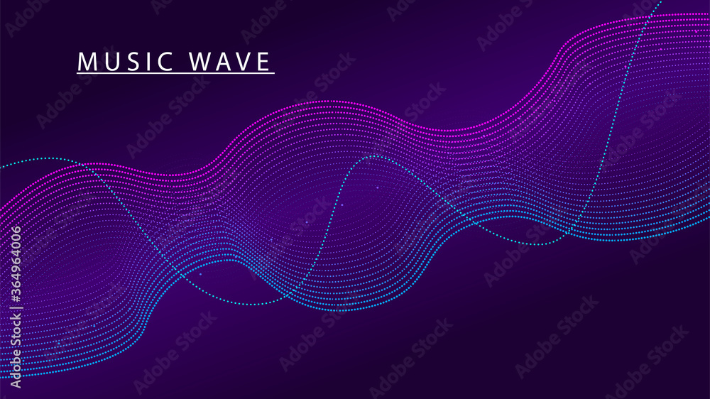 Poster color music sound wave. abstract futuristic background of glow particles. vector technology dynamic 