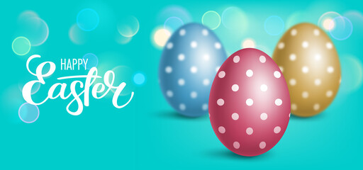 Realistic polka dot eggs on bokeh background. Easter greeting card or invitation template