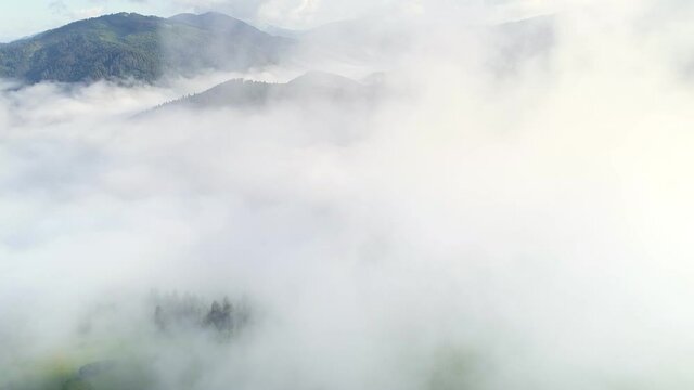 Flying through the clouds over foggy green hills. Magnificent mountains covered by forest in the early morning. Eco tourism and rural recreation. Aerial shot, 4K