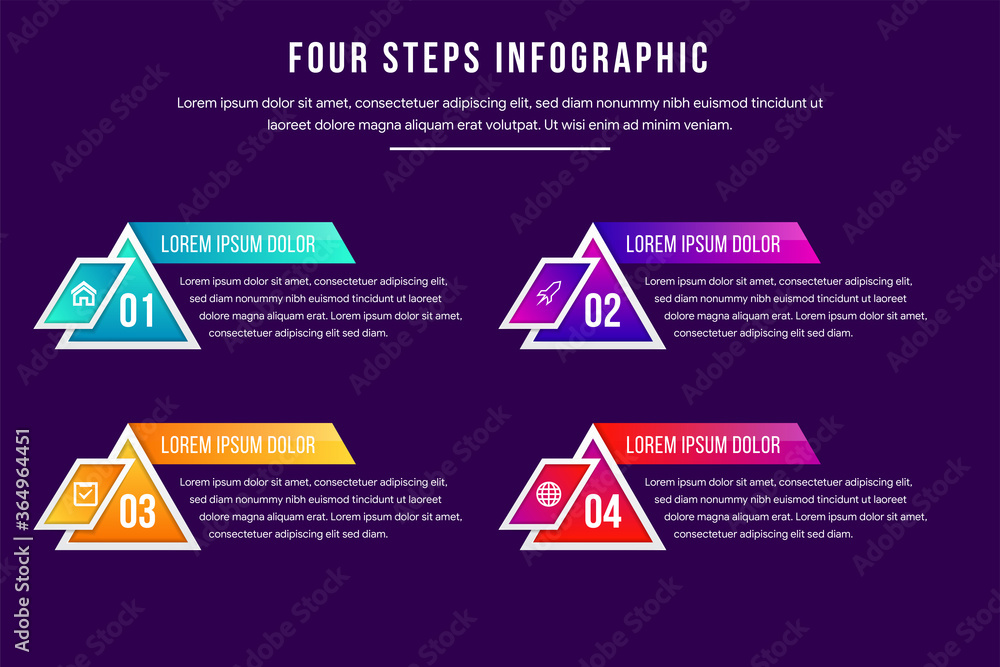 Poster pyramid infographics template with 4 options and charts. combination of diagonal and triangle shape 