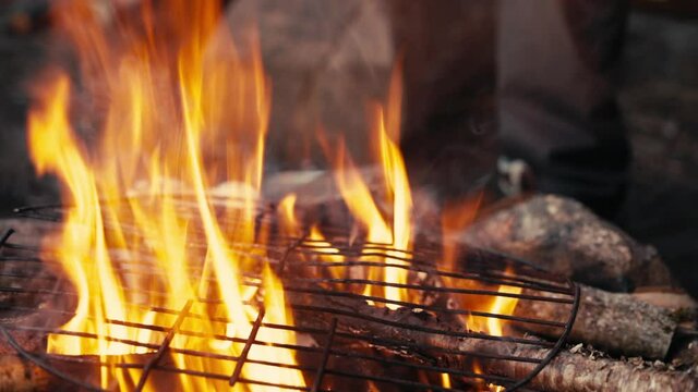 Roasting chicken on a campfire