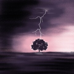Lightning strikes a tree standing alone. Background illustration.