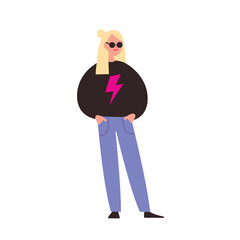 Young blonde long hair girl in sweater, cardigan and sun glasses standing up straight with hands in pockets flat vector illustration.