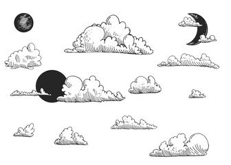 Detailed hand drawn black and white illustration set of clouds, sun, moon. sketch. Vector. Elements in graphic style label, card, sticker, menu, package.