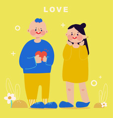 Loving couple holding love confession on Valentine's Day, happy man and woman in lively illustration background,Cartoon Flat Vector Illustration,Flat style color modern