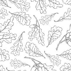 Oak leaves seamless pattern. Autumn oak leaves. Vector illustration of autumn leaves seamless pattern. Hand drawn leaves of oak.