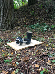 old book headphones and a delicious tea