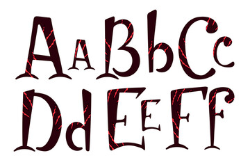 Beast scratch alphabet. Hand drawn lettering for halloween design. A, B, C, D, E, F  letters for logo, prints, banner, card. Uppercase and lowercase font