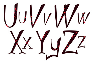 Beast scratch alphabet. Hand drawn lettering for halloween design. U, V, W, X, Y, Z letters for logo, prints, banner, card. Uppercase and lowercase font