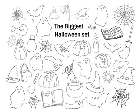 Big set of doodle hand drawn style outline elements for autumn holiday Halloween party celebrations, cute spooky simple character vector illustrations, holiday symbols