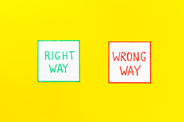 Problem solving. Right and wrong way icons on work desk from above
