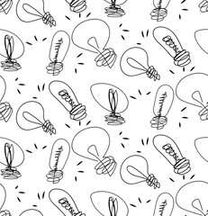 Contour black and white pattern from different light bulbs in vector. Stock illustration of a pattern isolated on a white background. Freehand drawn background for wallpaper or wrapping paper.