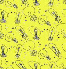 Yellow vector pattern of several light bulbs in a black line. Stock illustration of the pattern on a yellow background with dots. Hand-drawn light bulbs can be used for background or wrapping paper.