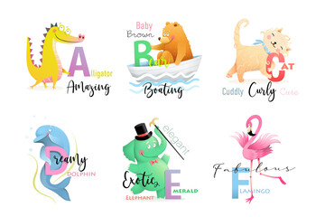 English language Alphabet letters with animals for teaching and studying collection. Elephant, alligator, bear, cat, dolphin and flamingo ABC cartoon. Vector isolated clipart in watercolor style.