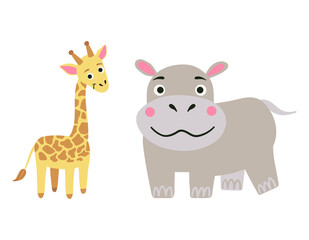 Vector cartoon illustration of cartoon cute safari animals - hippopotamus and giraffe on white background