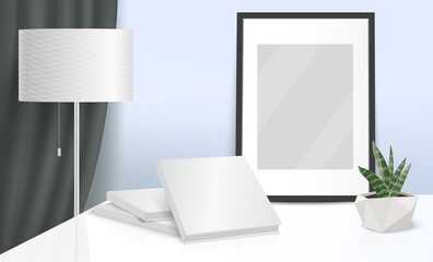 Interior with mock up posters and books on table