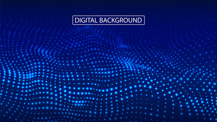 Abstract digital background of glow particles. Color music sound wave. Vector technology dynamic dots background.