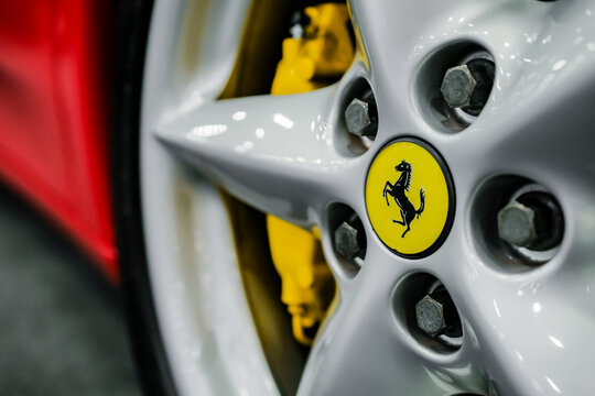 RUSSIA, ST.PETERSBURG - june 6, 2018: Ferrari logo close up.  logo on the wheel