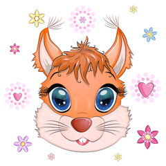 Squirrel wild animal face. Cute red squirrel head portrait. Realistic fur portrait of a funny squirrel.