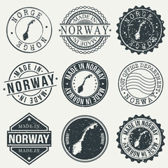 Norway Set of Stamps. Travel Stamp. Made In Product. Design Seals Old Style Insignia.