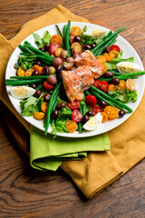 Seafood salad. Classic Italian or Greek restaurant appetizer favorite. Cold seafood salad made with fresh organic shrimp, octopus, squid mixed with red bell peppers garlic and onions.