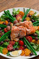 Seafood salad. Classic Italian or Greek restaurant appetizer favorite. Cold seafood salad made with fresh organic shrimp, octopus, squid mixed with red bell peppers garlic and onions.