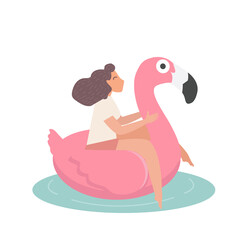 girl swimming on pink flamingo float vector