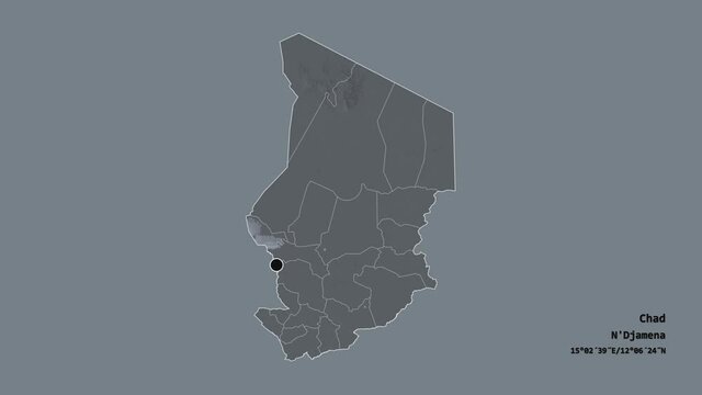 Logone Occidental, region of Chad, with its capital, localized, outlined and zoomed with informative overlays on a administrative map in the Stereographic projection. Animation 3D