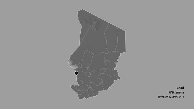Logone Occidental, region of Chad, with its capital, localized, outlined and zoomed with informative overlays on a bilevel map in the Stereographic projection. Animation 3D