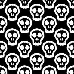 White skulls isolated on black background. Cute monochrome seamless pattern. Cartoon sketch. Hand drawn vector flat graphic illustration. Texture.